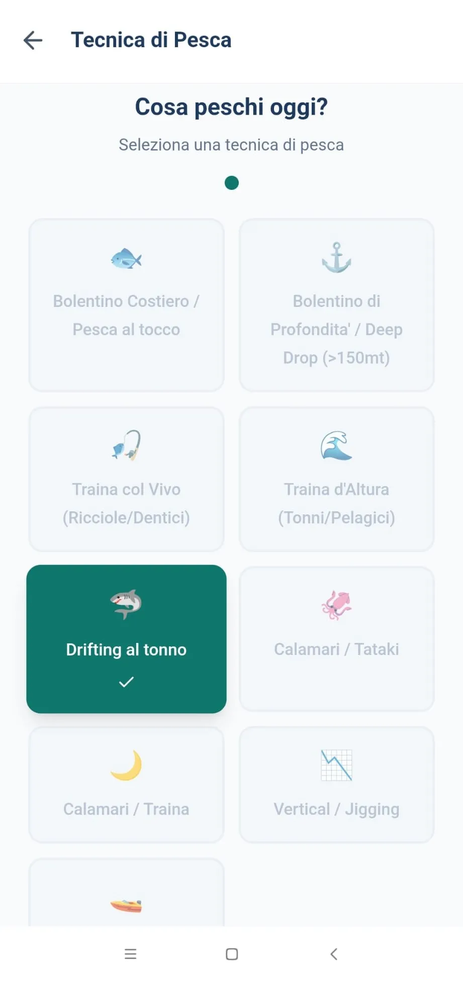 Scegli la tecnica di pesca — personalizza il copilota per la tua sessione